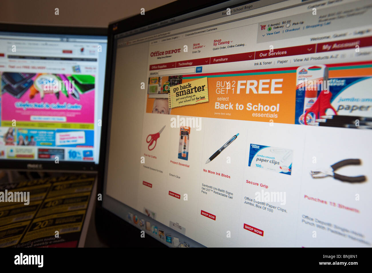 Back to school supplies are seen on the websites of Office Depot, right ...