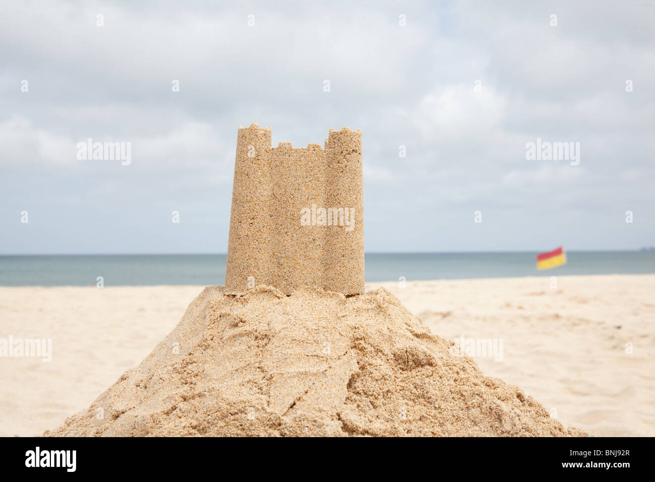 Sand castle on a beach in Cornwall England, United Kingdom. Stock Photo
