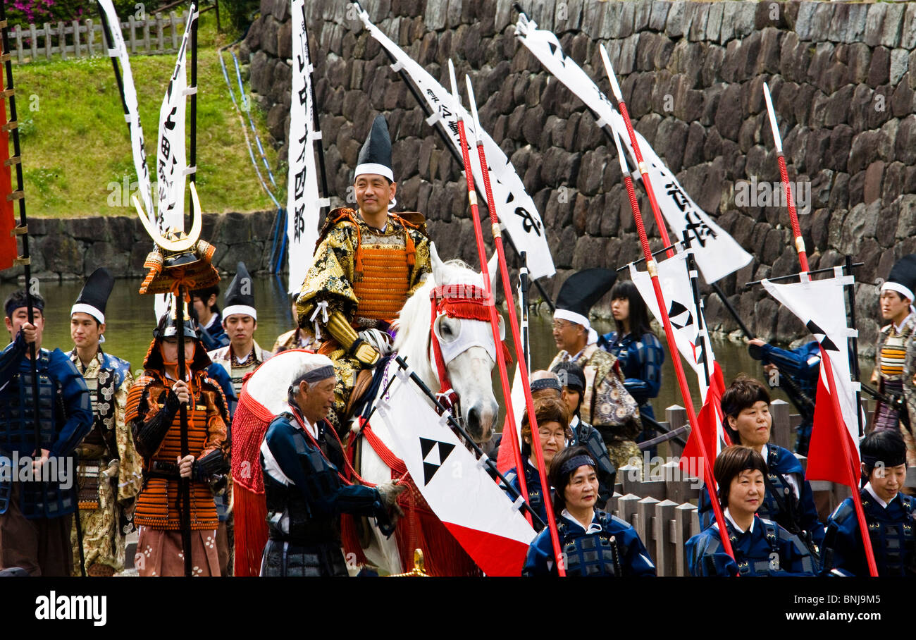Japan Asia Odawara castle castle festival men national costumes costumes custom flags relocation move, Stock Photo