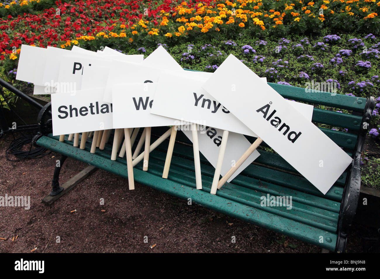 A symbolic pile of island plackards at Closing Ceremony NatWest Island Games 2009 in Mariehamn on Åland, July 4 2009 Stock Photo