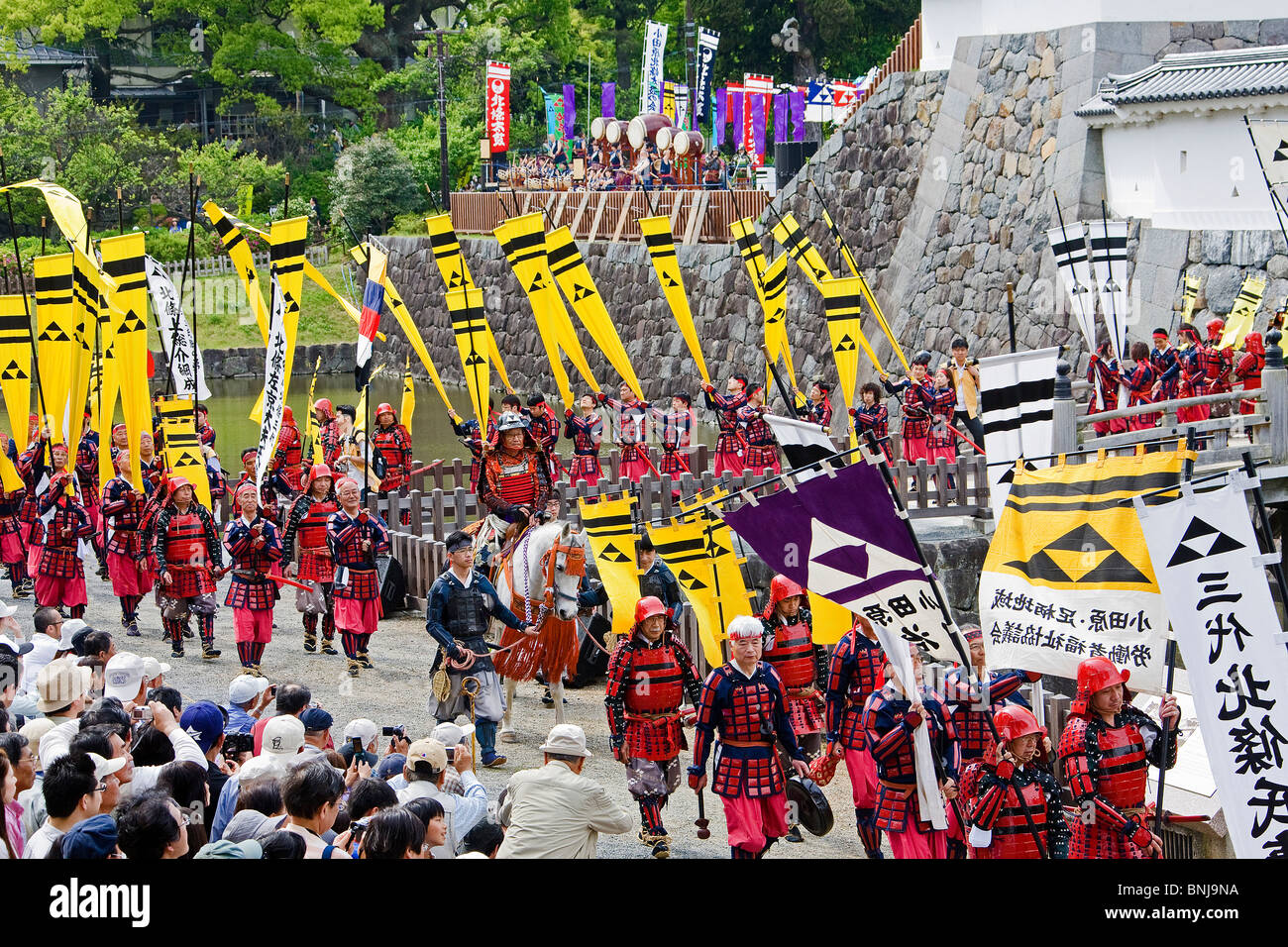 Japan Asia Odawara castle castle festival men national costumes costumes custom flags relocation move spectator Stock Photo