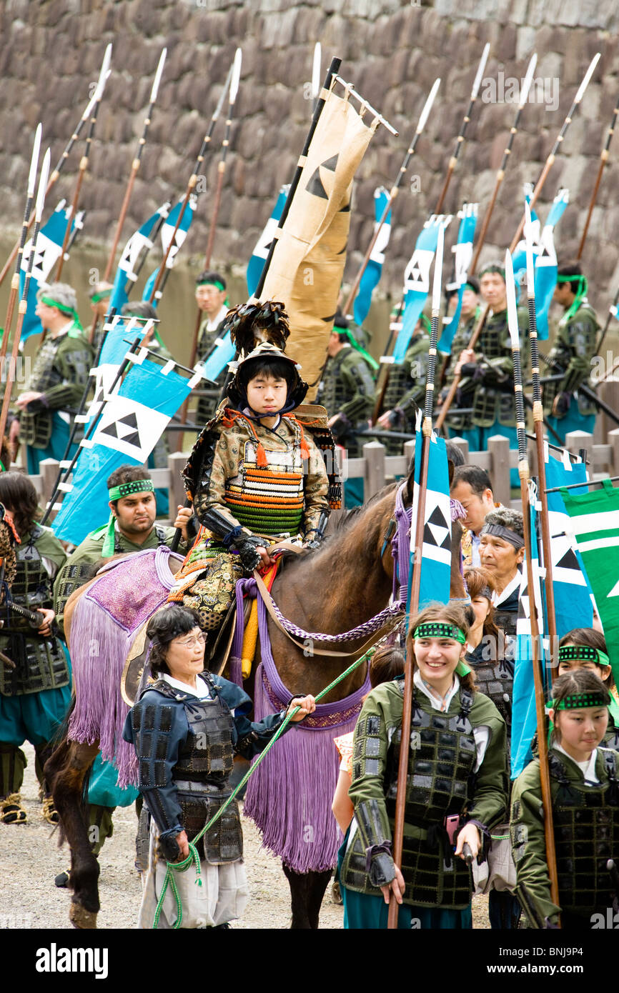 Japan Asia Odawara castle castle festival men national costumes costumes custom flags relocation move, Stock Photo