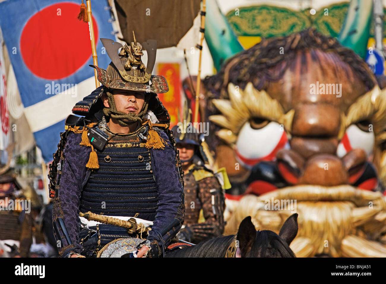 Japan Asia Tokyo town city Kanda Miyojin festival Mikoshi relocation move custom costumes samurai Stock Photo