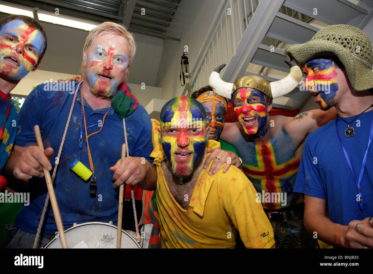 Men's Volleyball Final Åland fans with facepaint NatWest Island Games 2009 at Baltichallen in Mariehamn, July 3 2009 Stock Photo