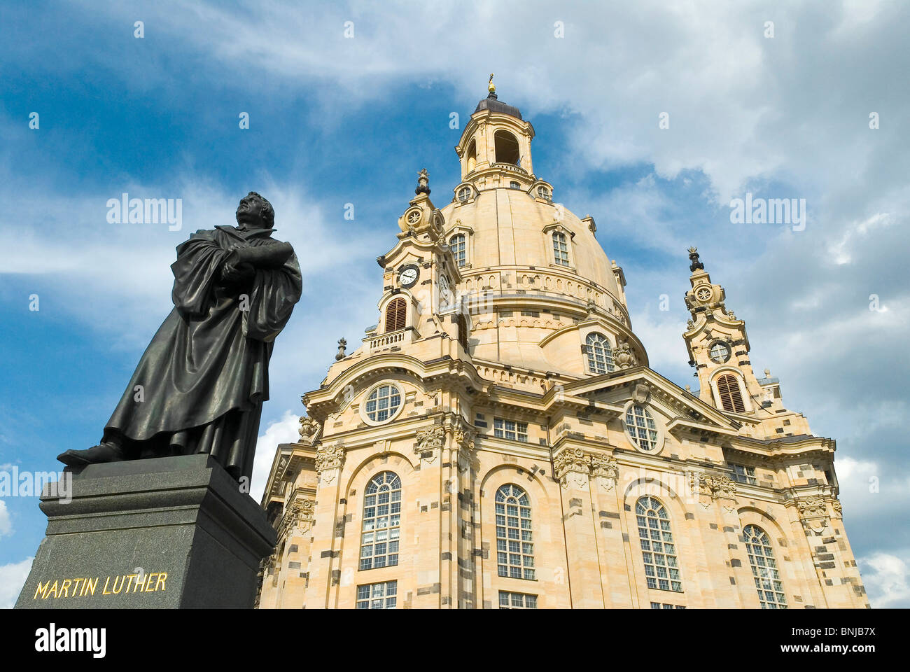 Germany Saxony Dresden UNESCO world cultural heritage Neumarkt church Frauenkirche sandstone dynamically monument Martin Luther Stock Photo