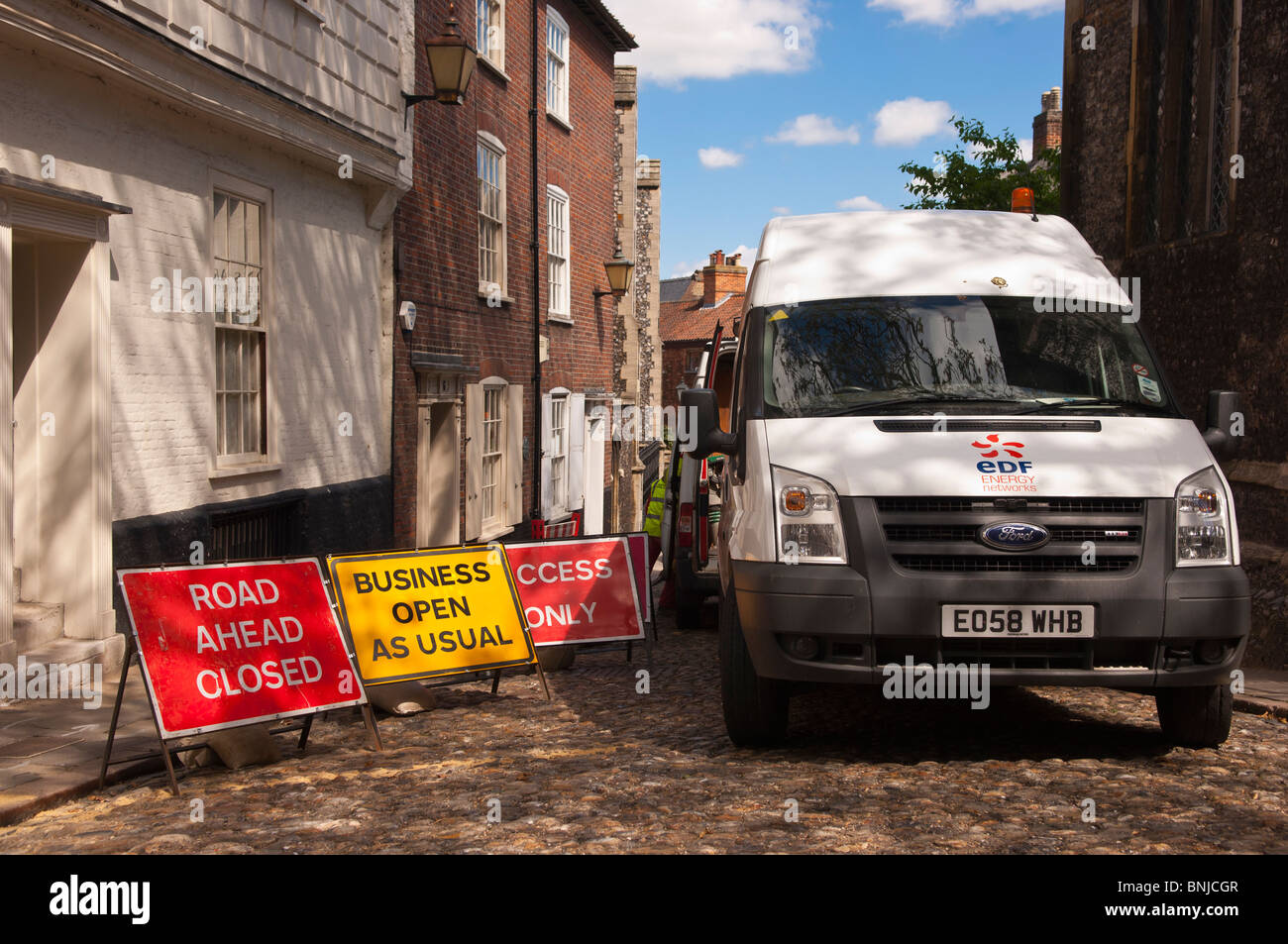 Roadworks at Elm Hill in Norwich , Norfolk , England , Great Britain