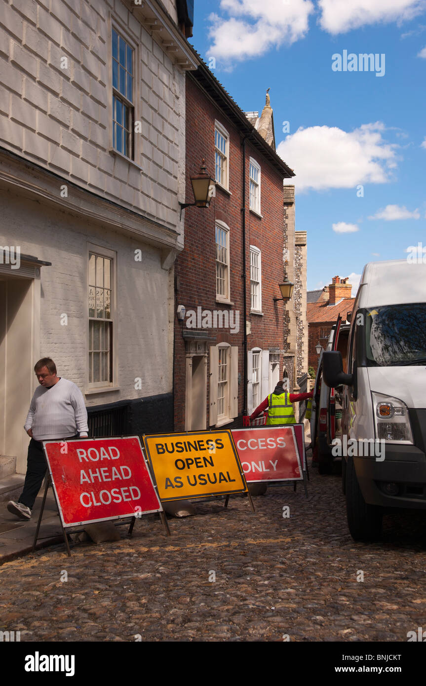 Roadworks at Elm Hill in Norwich , Norfolk , England , Great Britain