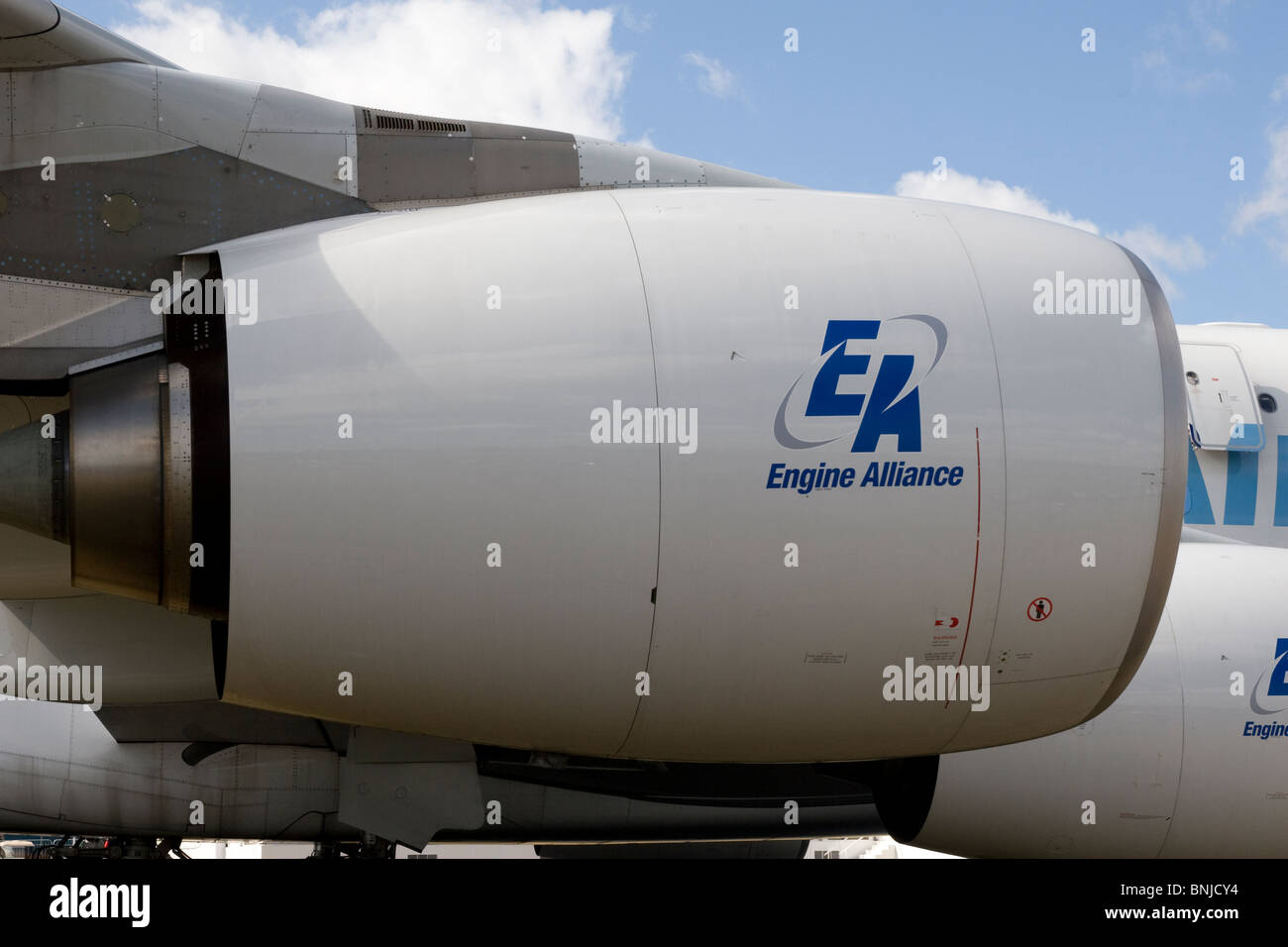 Cowling of Engine Alliance GP7200 Turbofan engine fitted to Airbus A380 at Farnborough International Air Show 2010 Great Britain Stock Photo