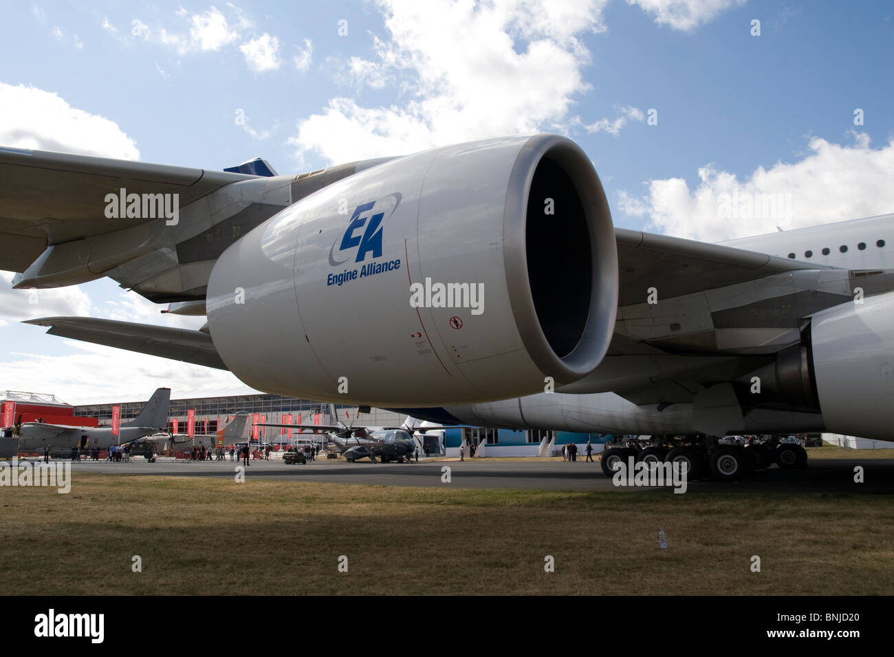 Cowling of Engine Alliance GP7200 Turbofan engine fitted to Airbus A380 at Farnborough International Air Show 2010 Great Britain Stock Photo