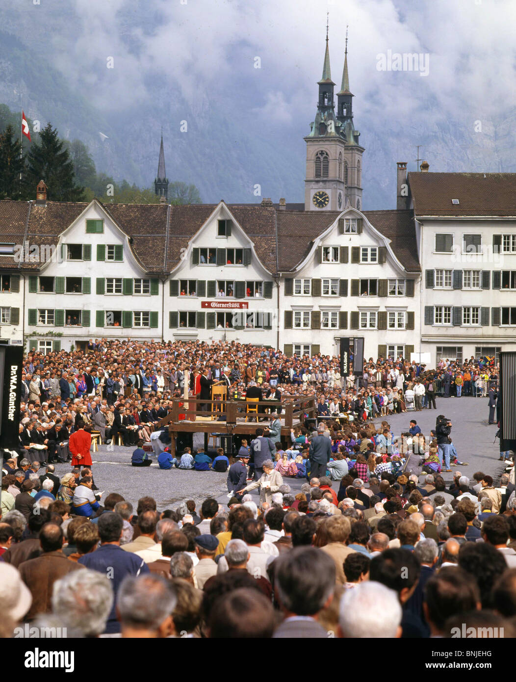 Town of Glarus Landsgemeinde People Switzerland cantonal assembly direct democracy square voting vote politics voters Stock Photo