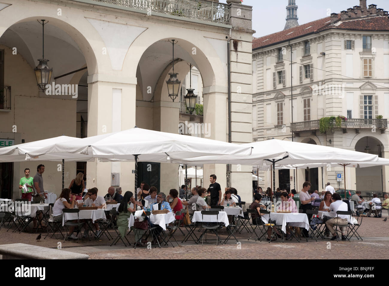 Cafes in Piazza Vittorio Veneto Square in Turin, Italy Stock Photo