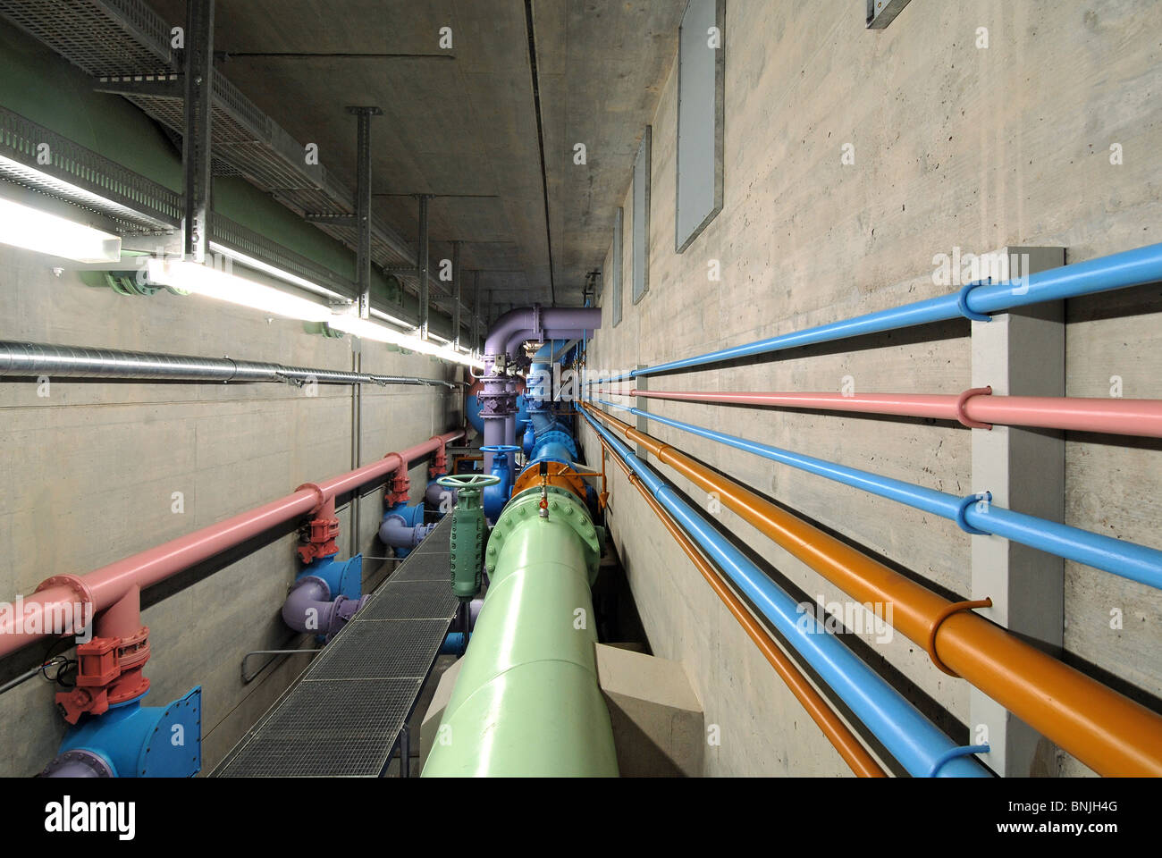 Water tube industry pipe piping infrastructure indoors indoor inside engineering supply maintenance pipes Stock Photo