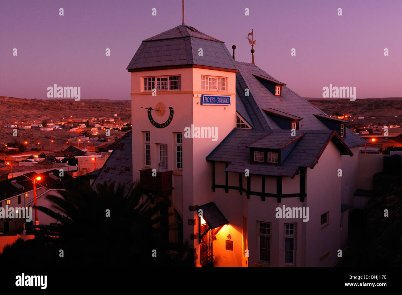 Lüderitz city Karas Region Namibia Africa hotel Goerke resort tourism roofs lights twilight night dusk Stock Photo
