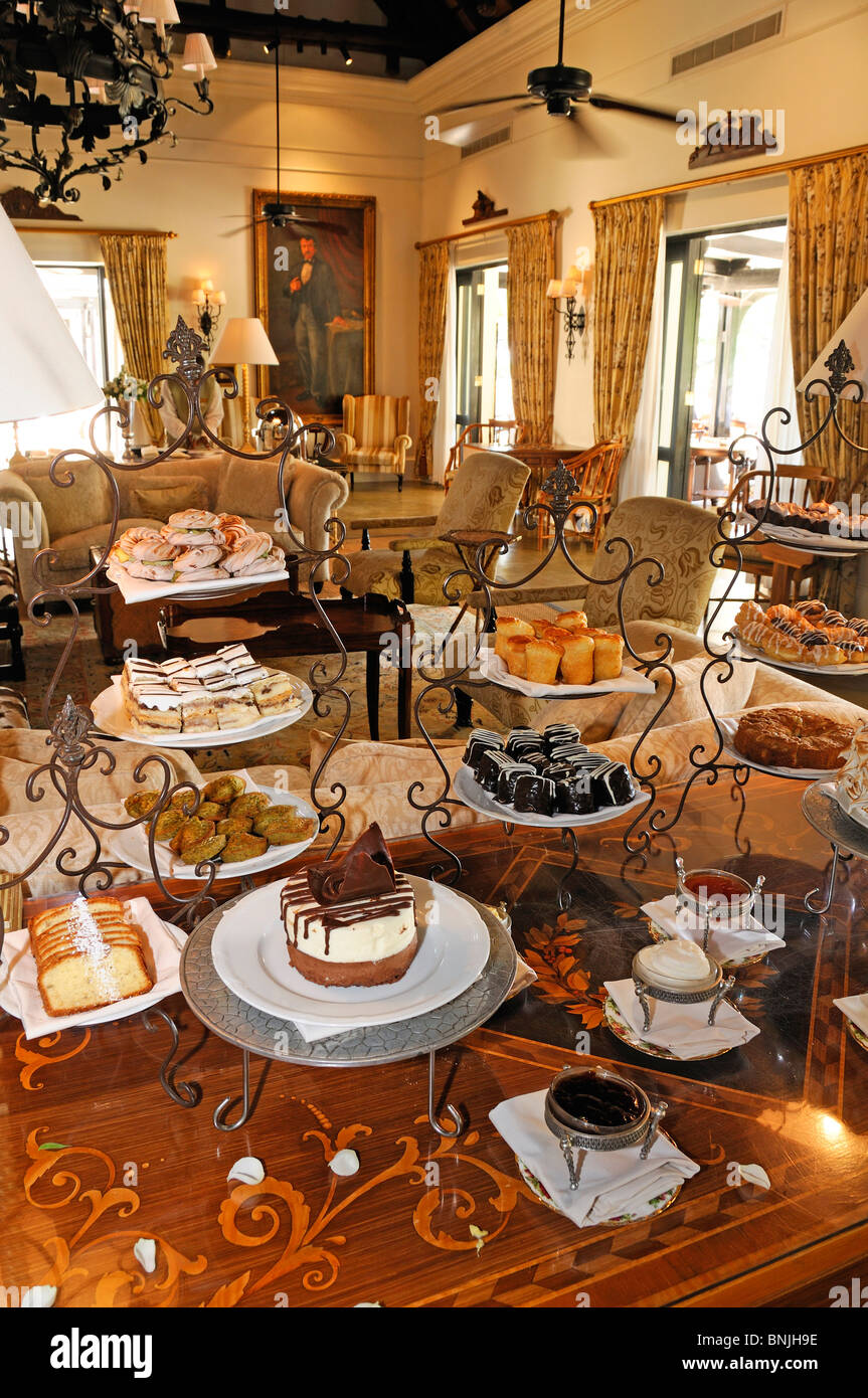 Afternoon Tea Royal Livingstone Hotel Livingstone Southern Province Zambia Africa indoor indoors cakes cake sweet room British Stock Photo