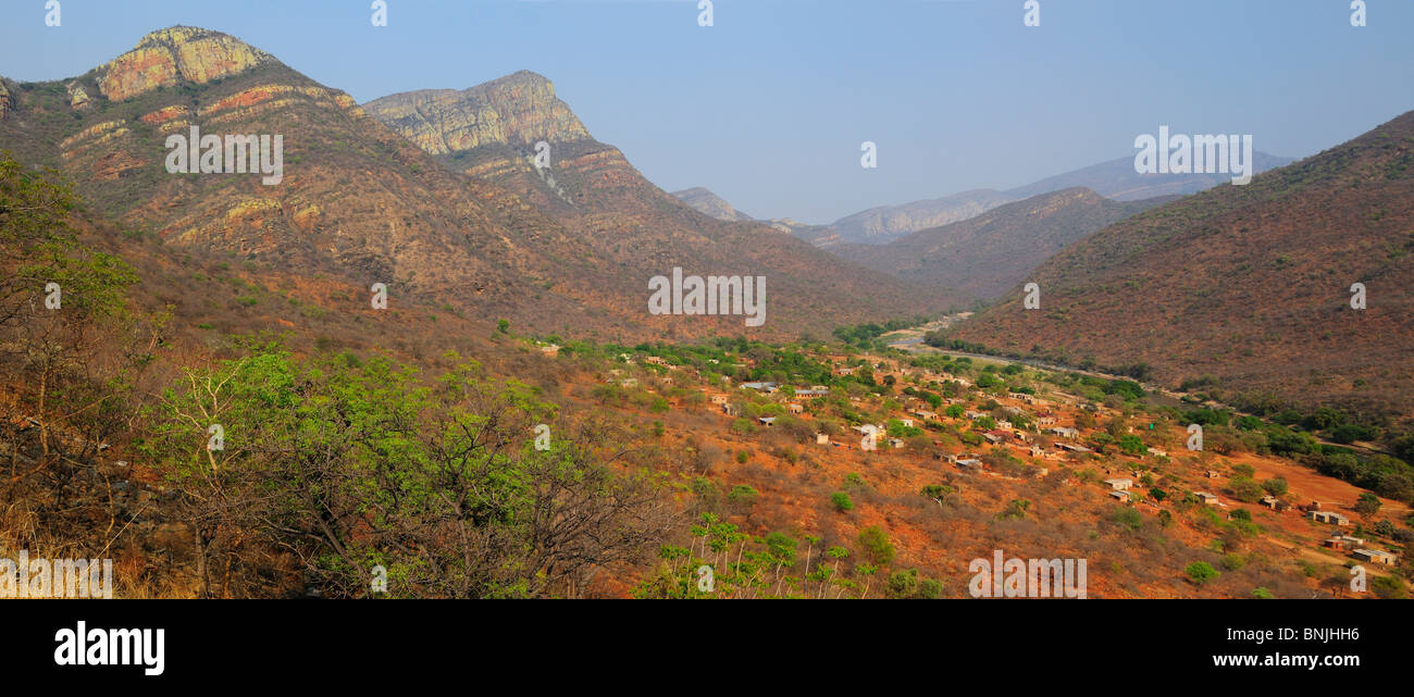 Panorama At Abel Erasmus Pass view to Olifants River Blyde River Canyon Nature Reserve Mpumalanga South Africa houses village Stock Photo