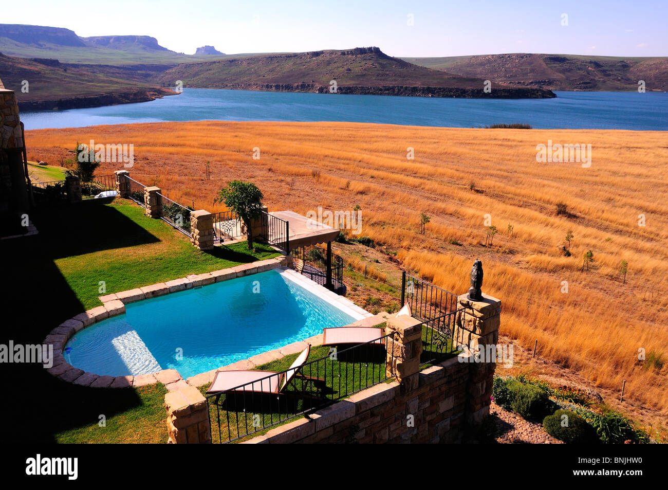 Pool Wild Horses Mountain Guest Lodge at Sterkfontein Dam near Harrismith Free State South Africa lake landscape grassland Stock Photo