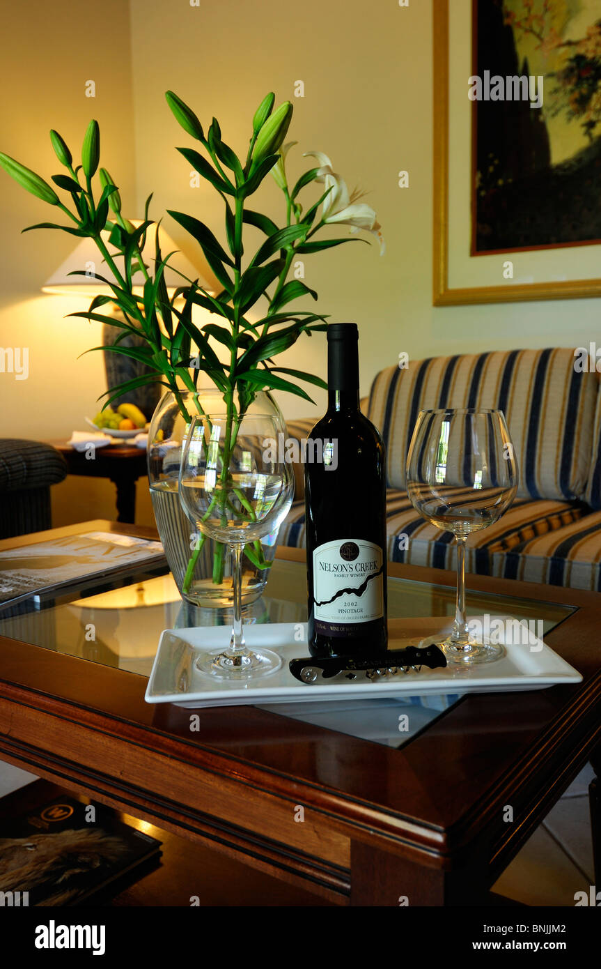 Suite Grande Roche Relais & Chateaux Hotel Paarl Western Cape South Africa wine bottle table sofa picture indoors indoor inside Stock Photo