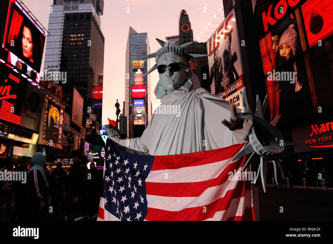 Statue of Liberty Person Times Square Midtown Manhattan New York USA