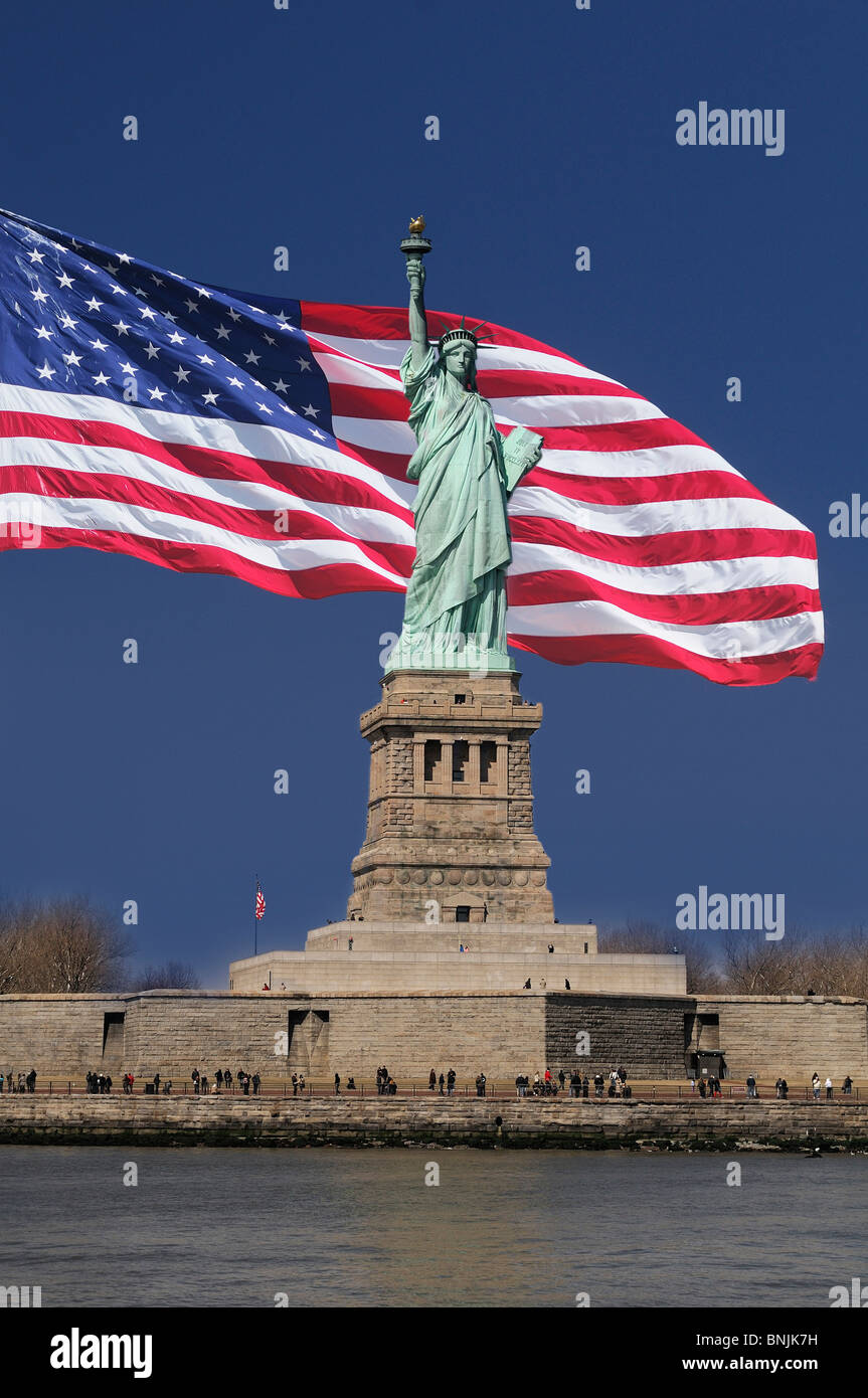 Statue of Liberty National Monument Liberty Island New York USA Freedom us flag city travel american urban Stock Photo