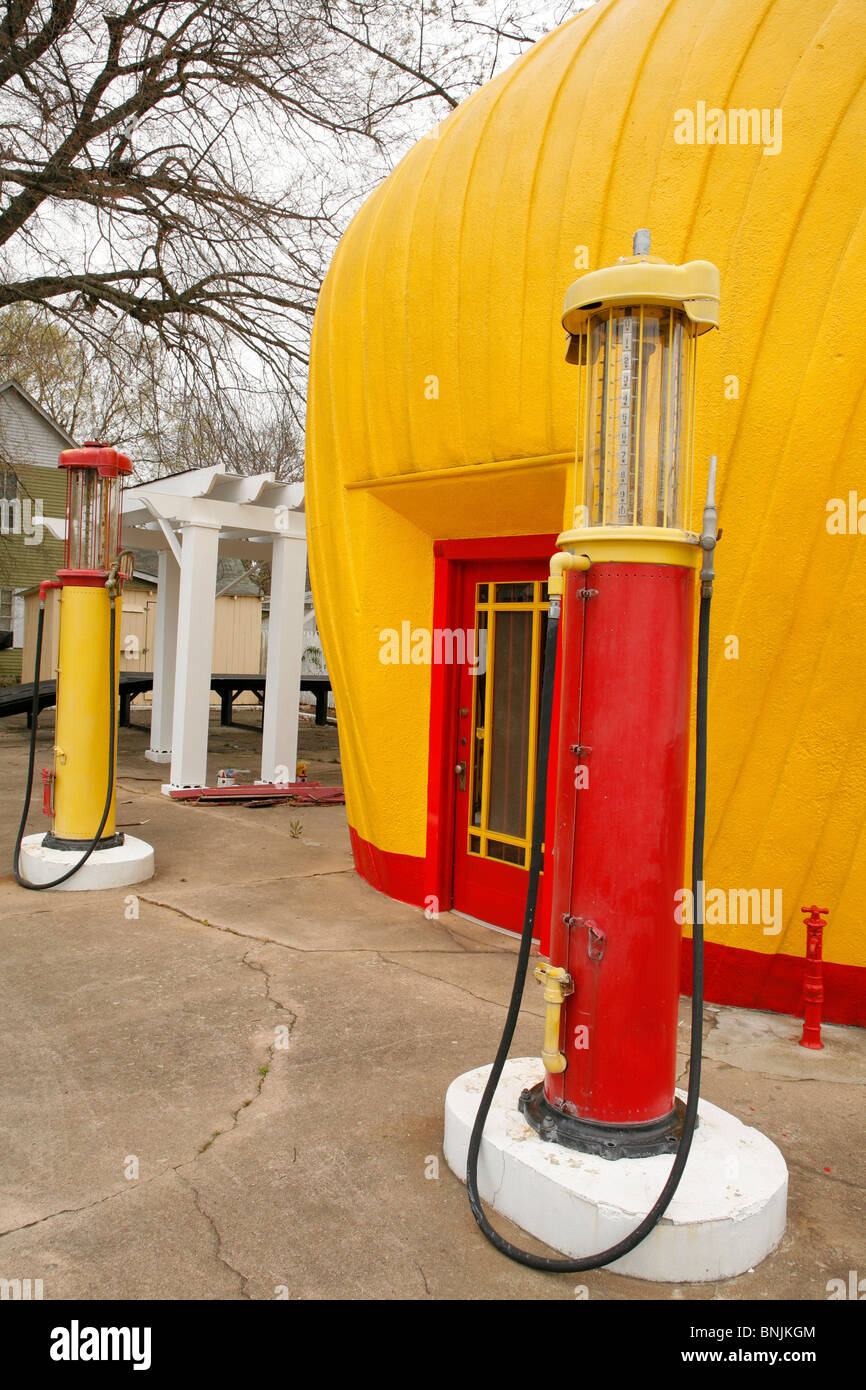 Old Historic landmark Shell Gas Station and globe pumps in Winston Salem North Carolina Stock Photo