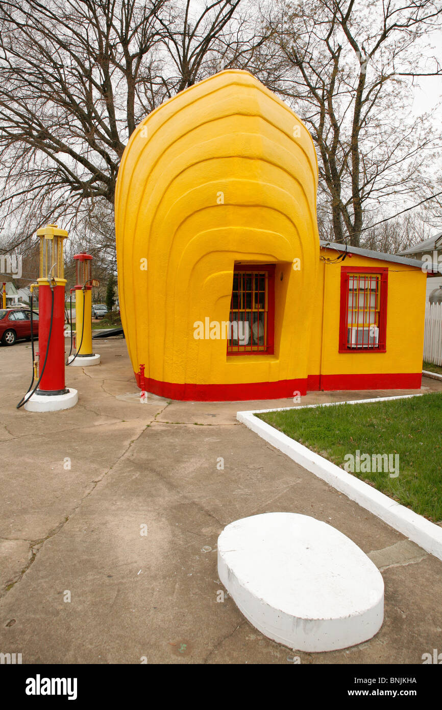 Old Historic Shell Gas Station and pumps landmark in Winston Salem
