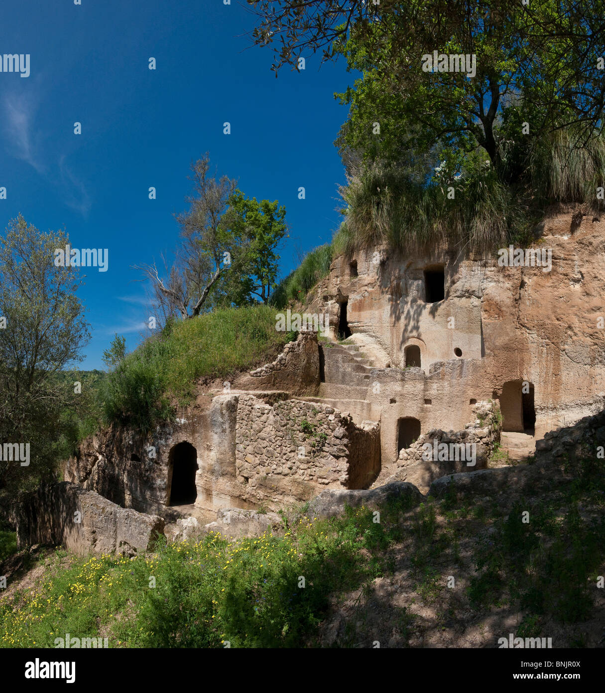 Grotto di Zungri Calabria Mediterranean Italy vegetation trees rocks cliffs cliff apartments cave houses Stock Photo
