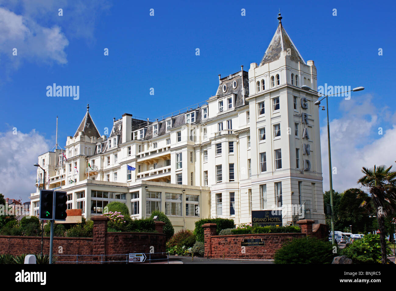 The white tall Grand Hotel in the Devon seaside town of Torquay Stock Photo