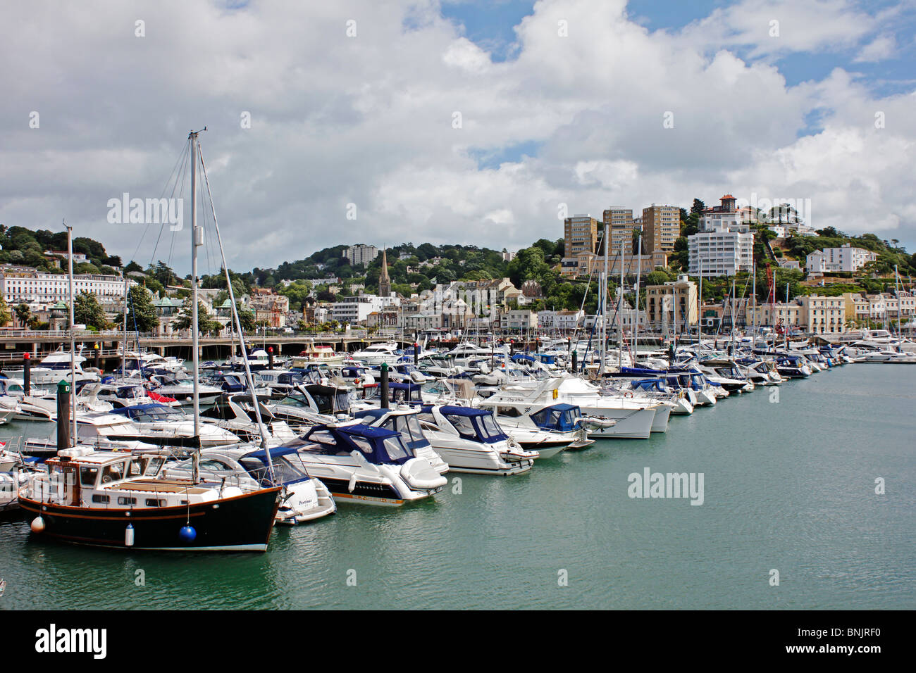 Boats moored in the harbour at the seaside holiday resort of Torquay in Devon Stock Photo