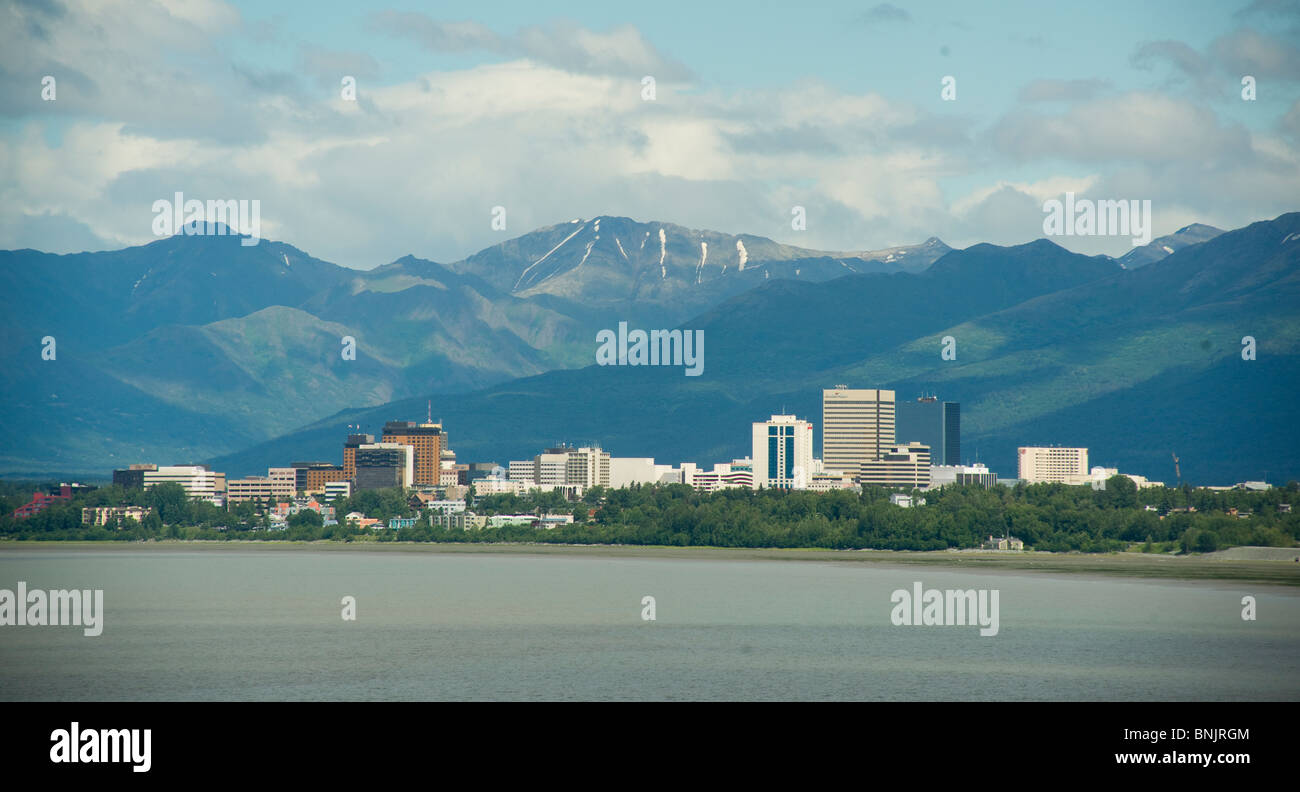 Anchorage Alaska city skyline across Prudhoe bay Stock Photo