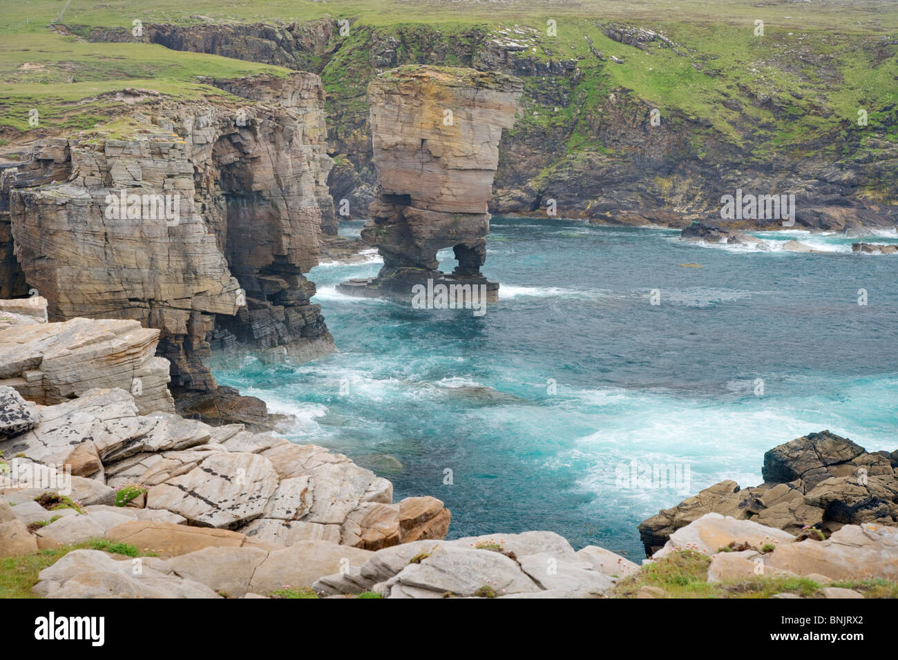 Cliffs at Yesnaby and offshore stack Yesnaby Castle Orkney Mainland LA005137 Stock Photo