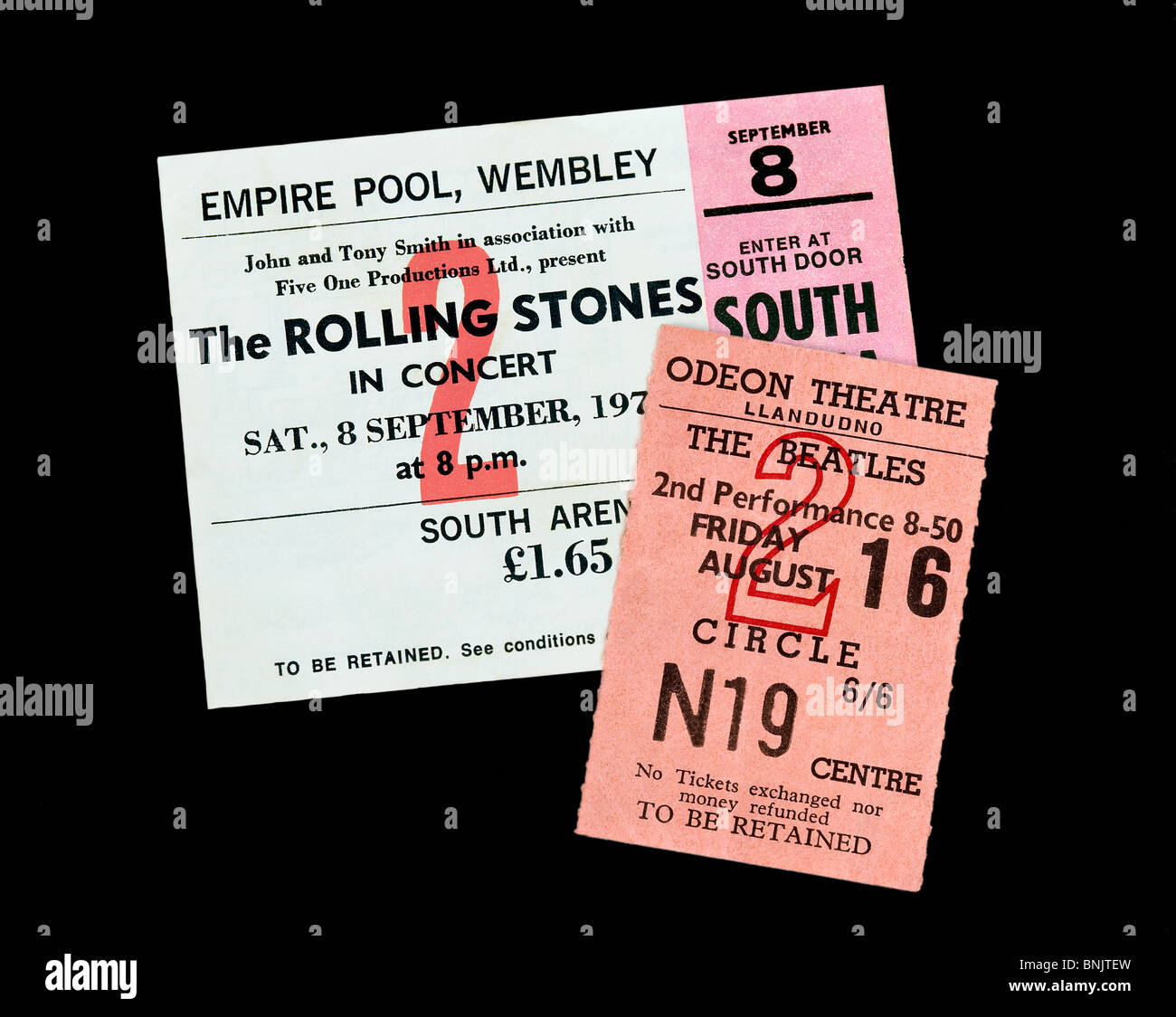 Concert tickets for gigs by the Beatles and the Rolling Stones Stock Photo