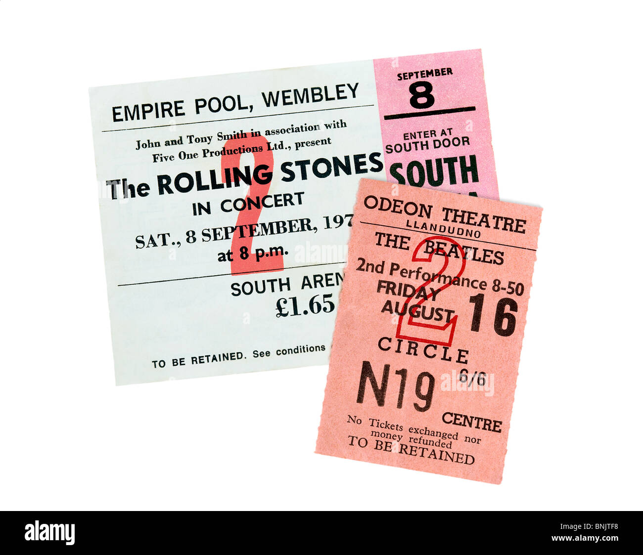Concert tickets for gigs by the Beatles and the Rolling Stones. Stock Photo