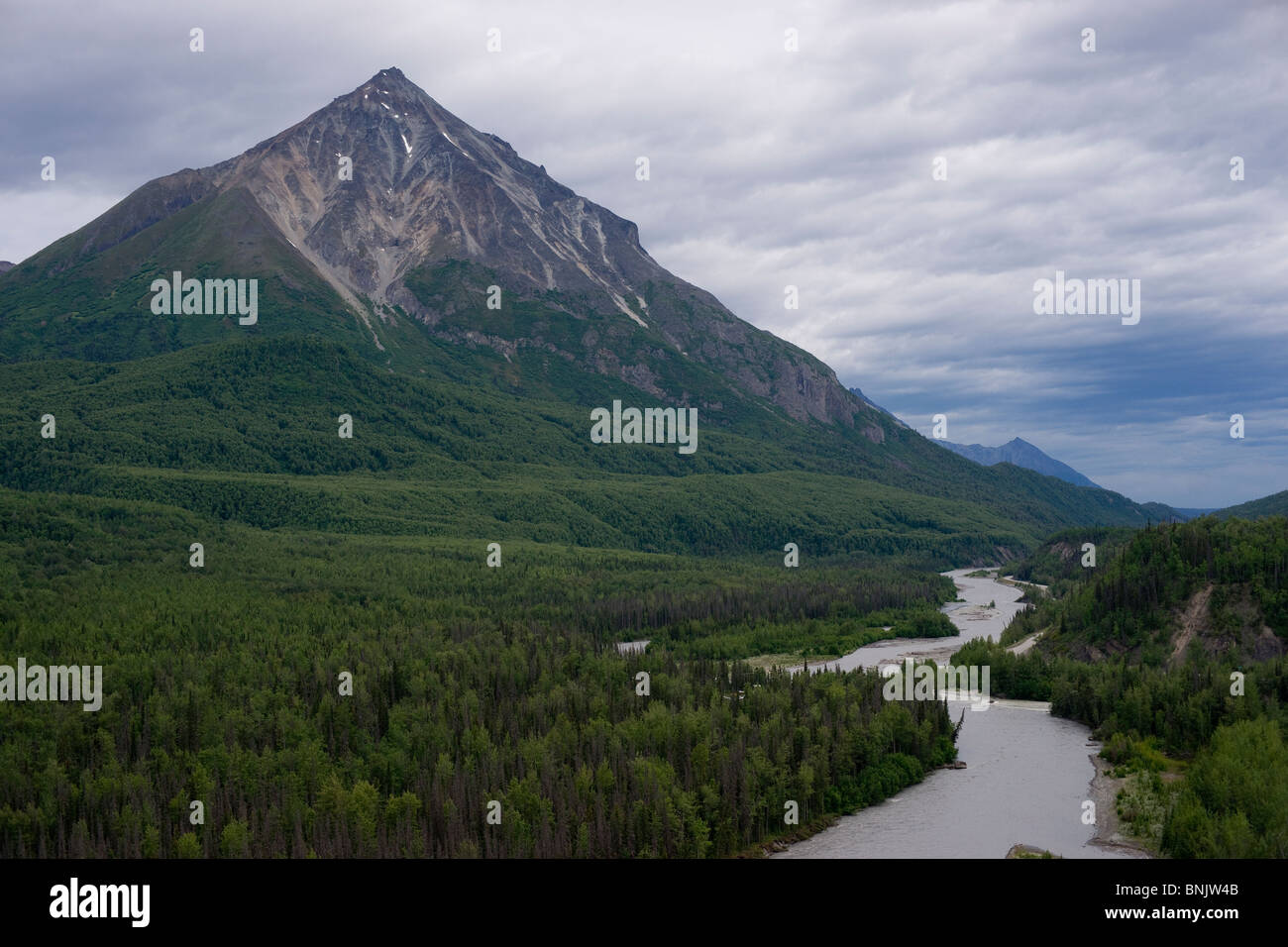 The Matanuska River runs through Alaska with The Chugach Mountains as a background Stock Photo