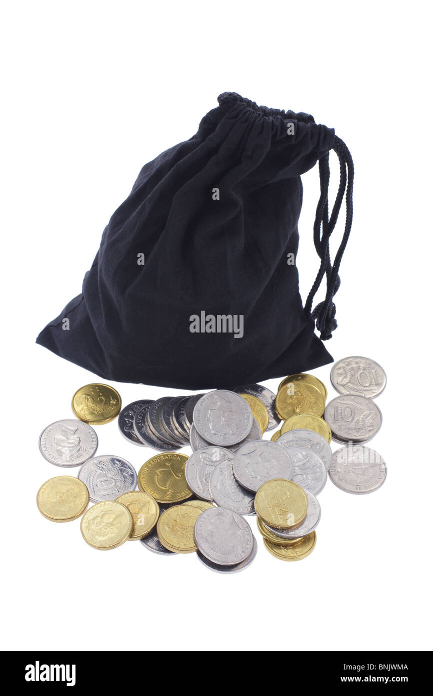 Drawstring Bag and Coins Stock Photo