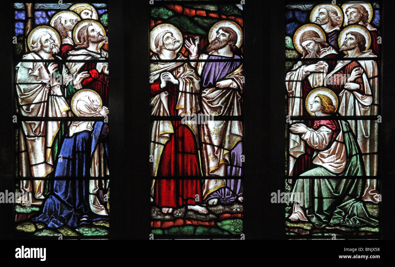 A stained glass window by Edward Frampton depicting the disciples and Mary witnessing the Ascension of Jesus Stock Photo