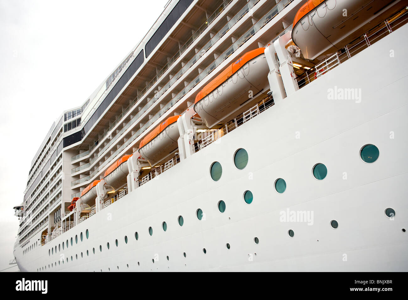 detail of the facade of a cruise ship with the lifeboats Stock Photo