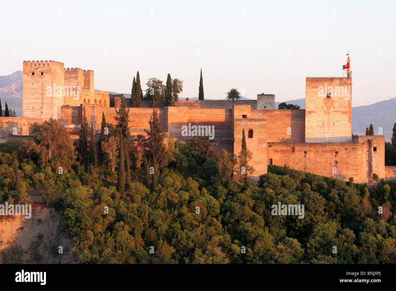 The Alcazaba at the palace of the Alhambra viewed from the lookout of saint Nicholas in Granada Andalucia Spain Europe Stock Photo