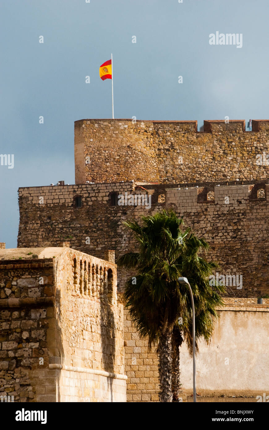 Spanish flag and fortifications, 'Melilla La Vieja', Melilla, Spain