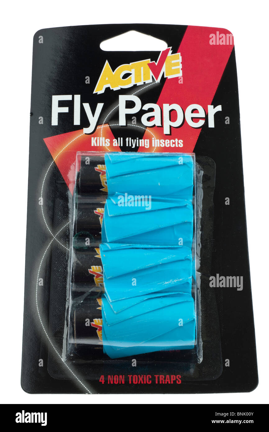 packet of four sealed blue fly catching papers Stock Photo