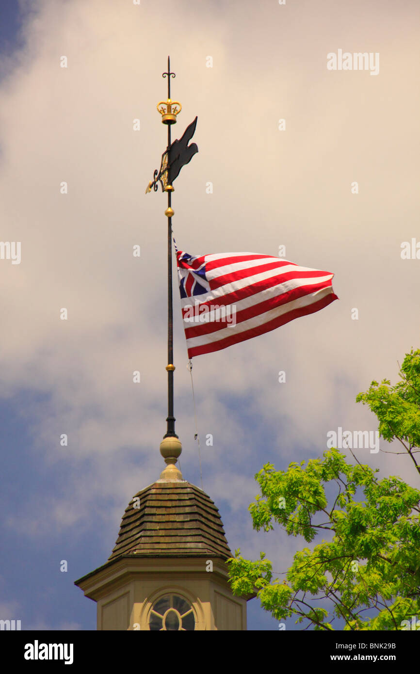 Cupola with British flag atop the Capitol Building in the Historic Area, Colonial Williamsburg