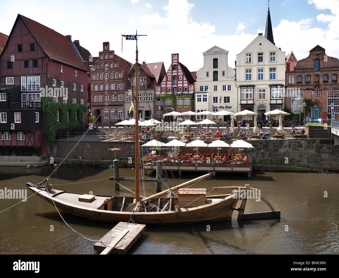 Old Salt Lighter on the River Ilmenau in the Port of Lueneburg. Stock Photo