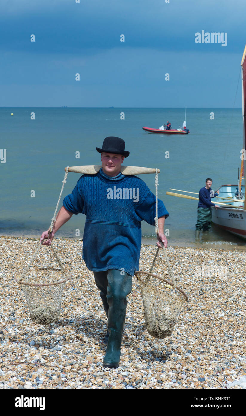 Landing of the Oysters, fisherman in traditional dress bringing the