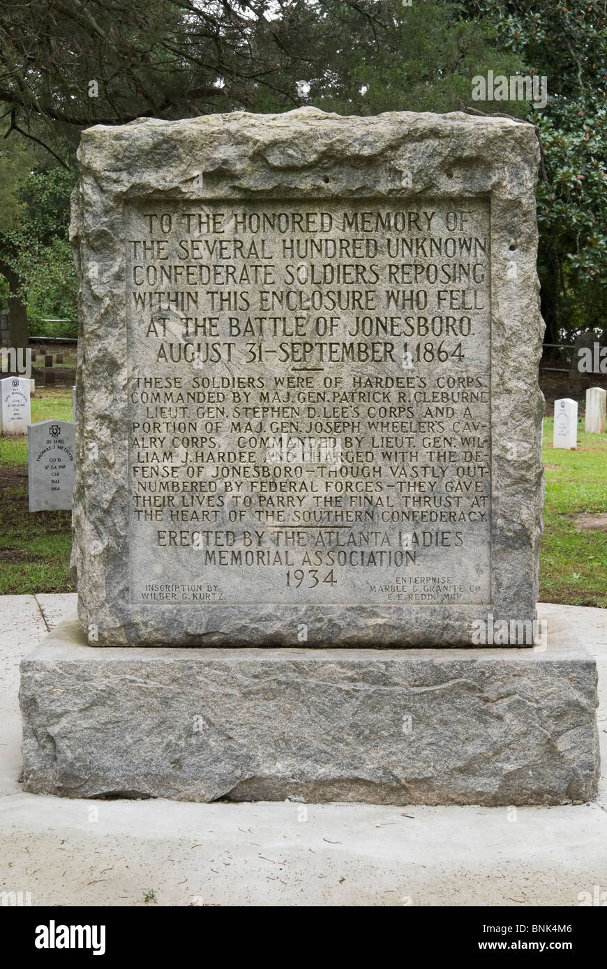 Grave marker in the Confederate Memorial Cemetery of Jonesboro, Georgia, USA Stock Photo