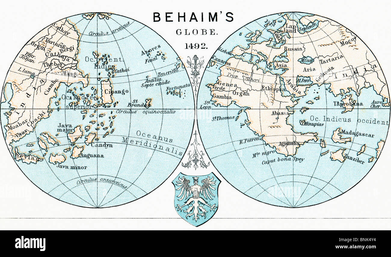 Martin Behaim´s Globe, 1492. From the book Life of Christopher Columbus by Clements R. Markham published 1892. Stock Photo