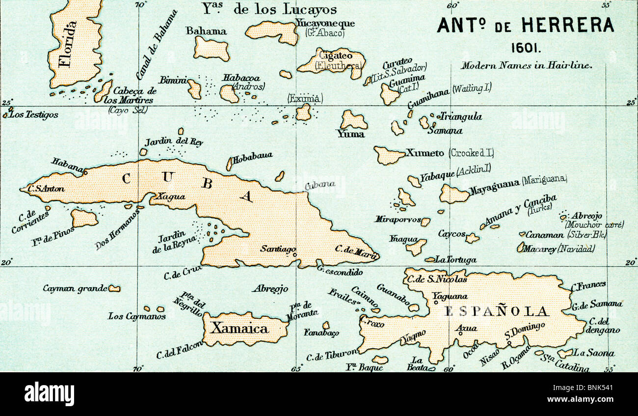 Antonio de Herrera y Tordesillas map of the Bahamas, 1601. Stock Photo