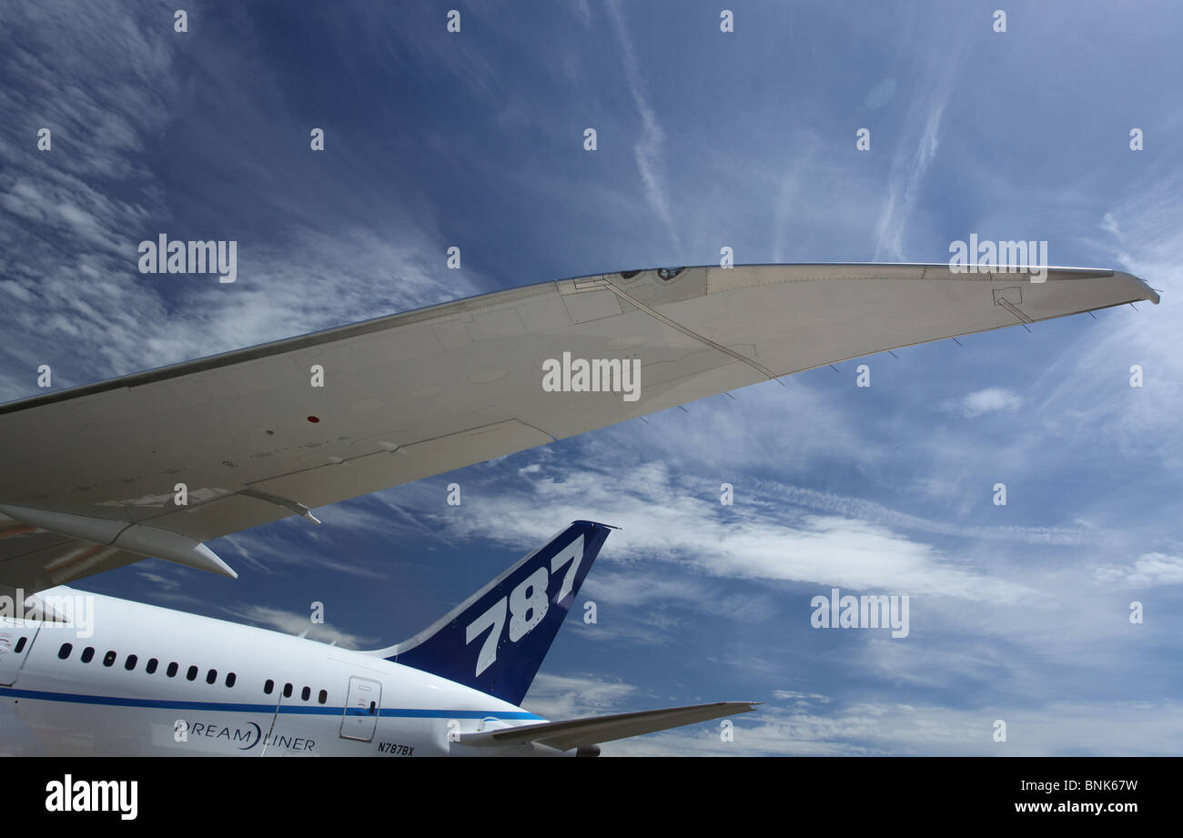 Boeing 787 Dreamliner wing and tail close ups at farnborough Airshow, UK, 2010 Stock Photo