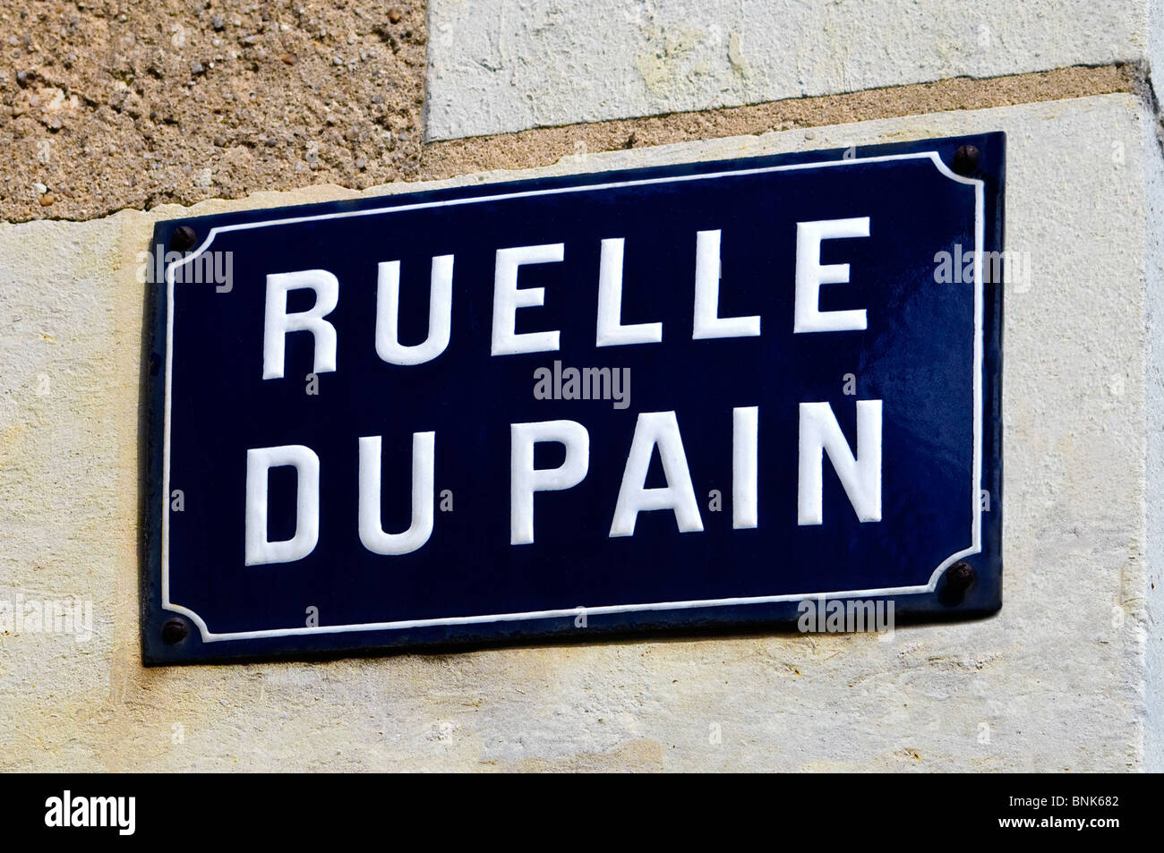 French blue enamel street sign 'Ruelle du Pain' - France. Stock Photo
