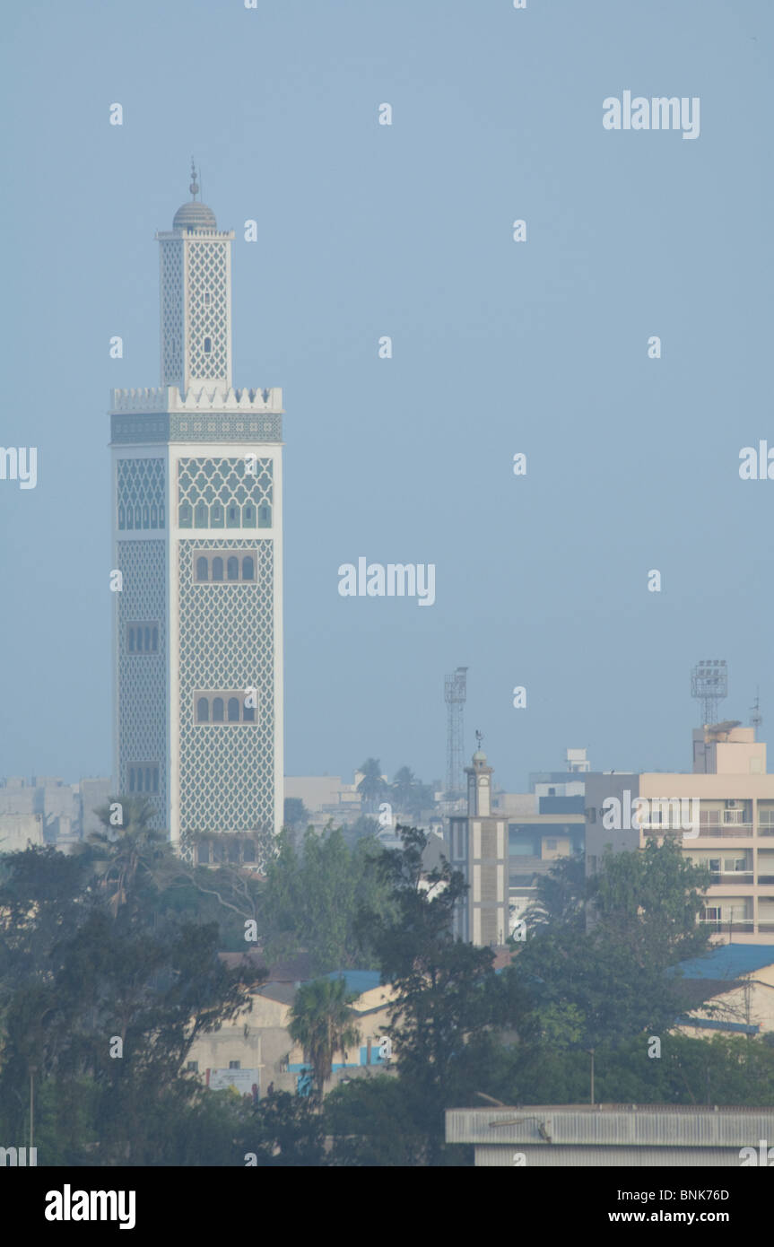Africa, Senegal, Dakar. Capital city of Dakar, port area. Downtown skyline with mosque. Stock Photo