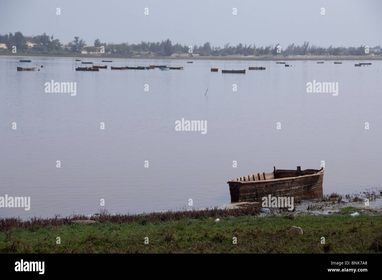 Africa, Senegal, Dakar. The Pink Lake of Retba. Salt gathering boats ...