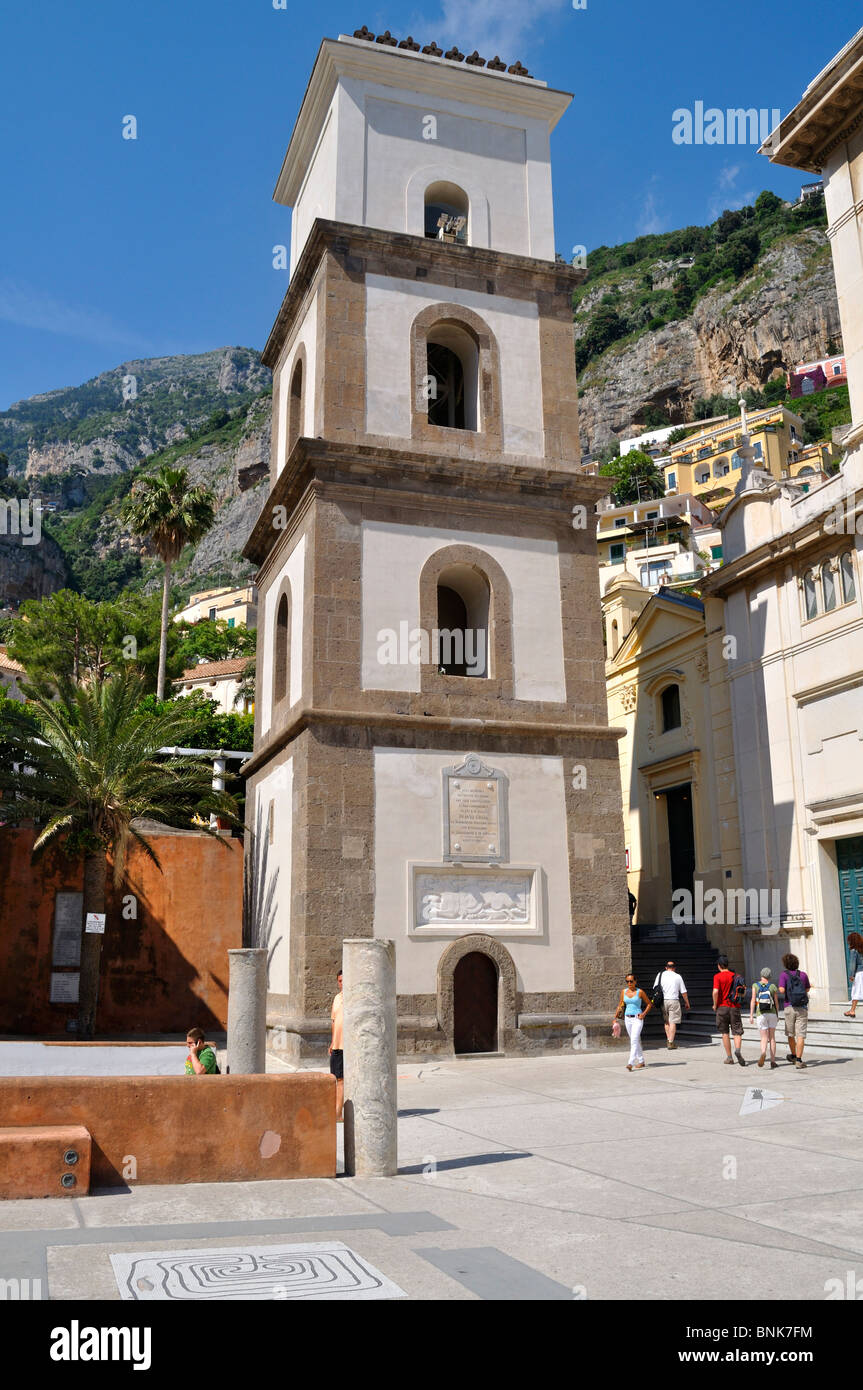 The bell tower of Église Santa Maria Assunta et littoral in Positano Stock Photo